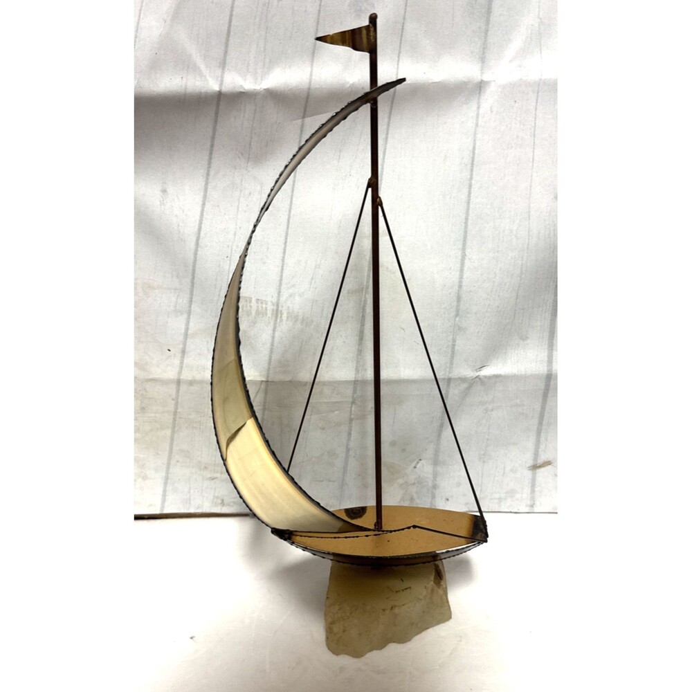 Vintage Mid-century Modern Mario Jason Signed Brass Sailboat Sculpture Onyx Base
